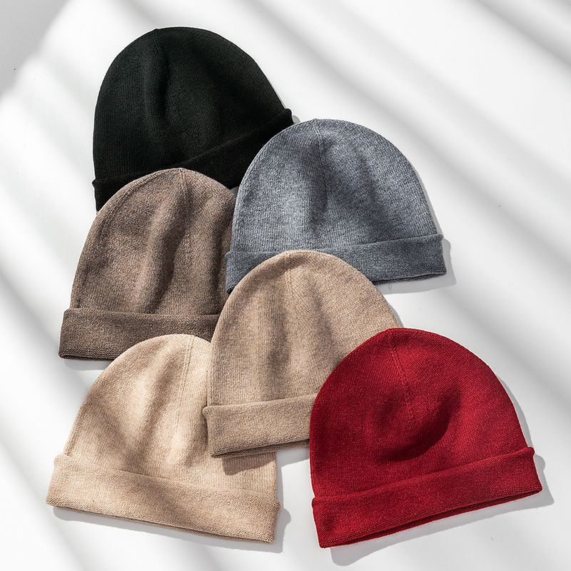 新款羊毛帽子平面卷边男女百搭纯色韩版针织加厚包头帽一线成型