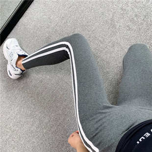 福利款2023秋上新白条拉条纯棉学生运动弹力大码九分打底裤女裤