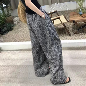 双侧带口袋棉绸绵绸人造棉高腰显瘦直筒裤 女宽松休闲百搭阔腿长裤