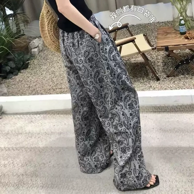 双侧带口袋棉绸绵绸人造棉高腰显瘦直筒裤女宽松休闲百搭阔腿长裤