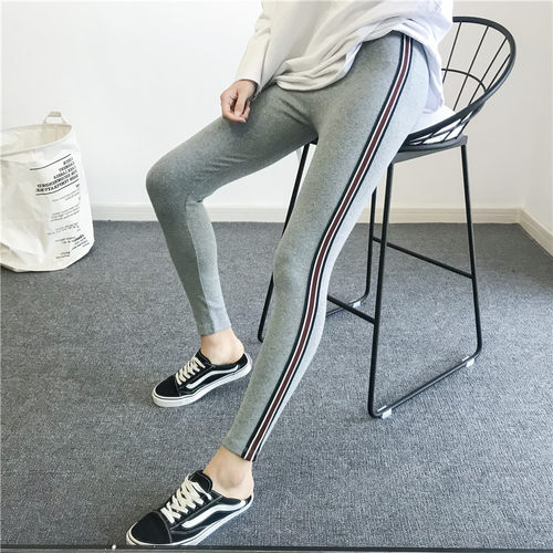 2024春上新红白蓝侧边彩条棉质韩版打底裤女外穿韩版时尚小脚裤潮