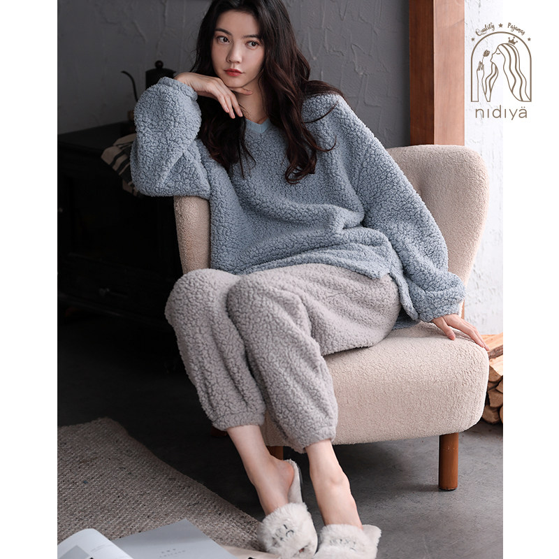 3妮狄娅珊瑚绒睡衣女冬长袖羊羔绒简约加厚保暖套头秋冬家居服套装