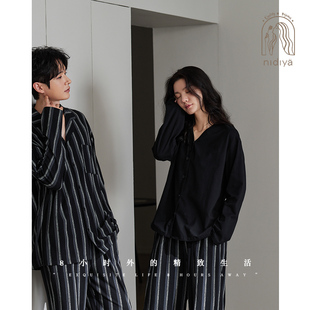 妮狄娅情侣睡衣女春季柔软棉长袖开衫款男时尚条纹春秋家居服套装