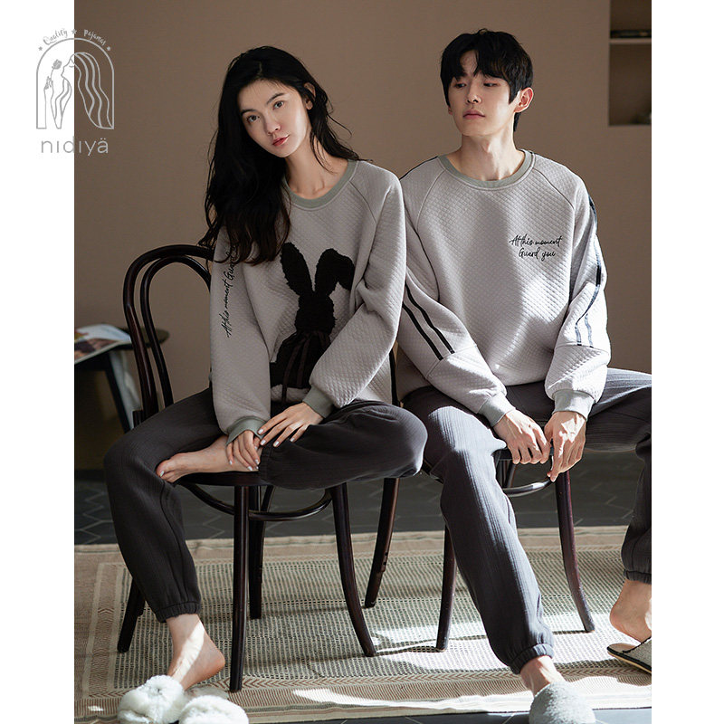 情侣睡衣女秋季加厚纯棉夹层秋冬款长袖套头男士春秋款家居服套装