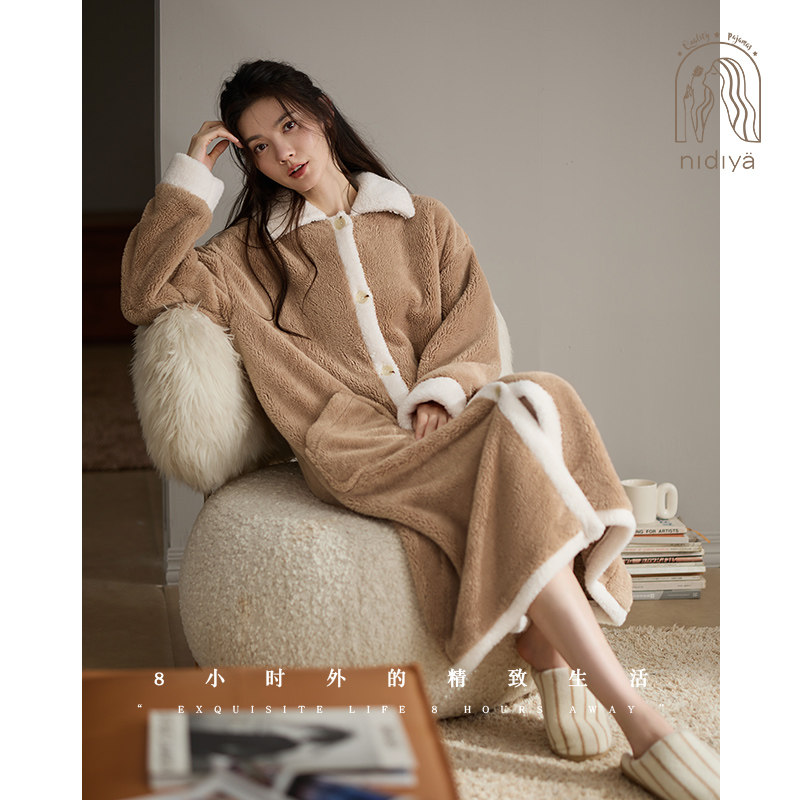 妮狄娅睡衣女冬季加厚珊瑚绒撞色翻领睡袍复古文艺时尚保暖家居服,女士内衣/男士内衣/家居服,睡袍/浴袍,淘宝优惠券,粉丝福利购,淘宝优惠卷