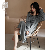 妮狄娅睡衣睡裙女春秋纯棉长袖 暗条纹宫廷风甜美优雅公主风中长款