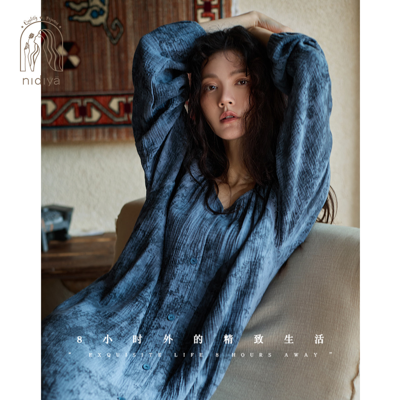 妮狄娅睡衣睡裙女秋季纯棉纱布长袖新中式复古宽松长裙春秋家居服