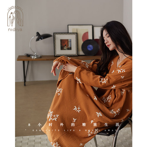 春秋季纯棉长裙宽松宫廷风家居服