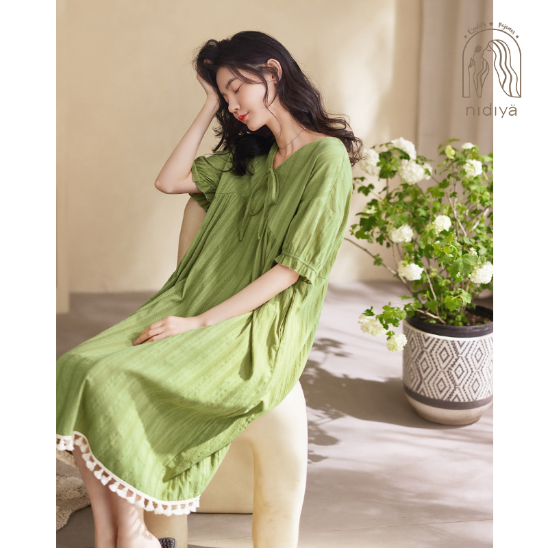 妮狄娅2023睡衣睡裙女夏季纯棉短袖v领套头宽松度假风外穿家居服