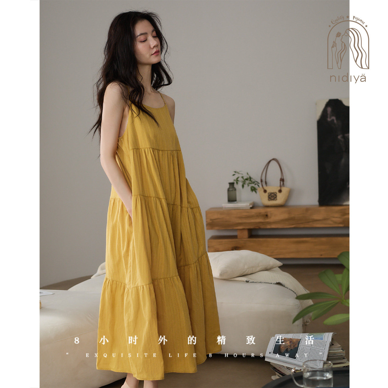 妮狄娅睡衣睡裙女夏季薄款纯棉甜美少女可外穿度假风吊带裙家居服