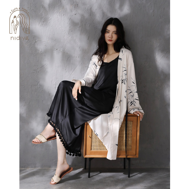 妮狄娅新款睡衣睡袍女春秋季冰丝中国风性感夏季吊带睡裙两件套装