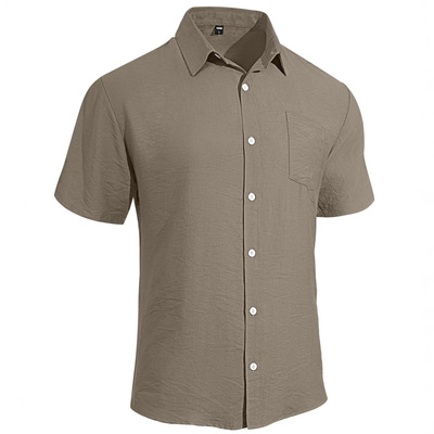 2026男装宽松纯色袖翻领短袖口袋开衫衬衣男士休闲衬衫