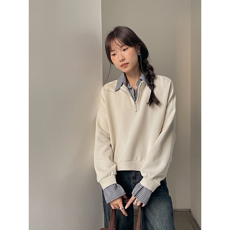 韩系假两件格子卫衣女秋季拼接设计感上衣宽松百搭女生外穿款