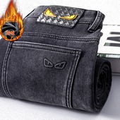 奢牌平替款 加厚加棉小怪兽高档裤 直筒宽松加绒牛仔裤 子男秋冬季