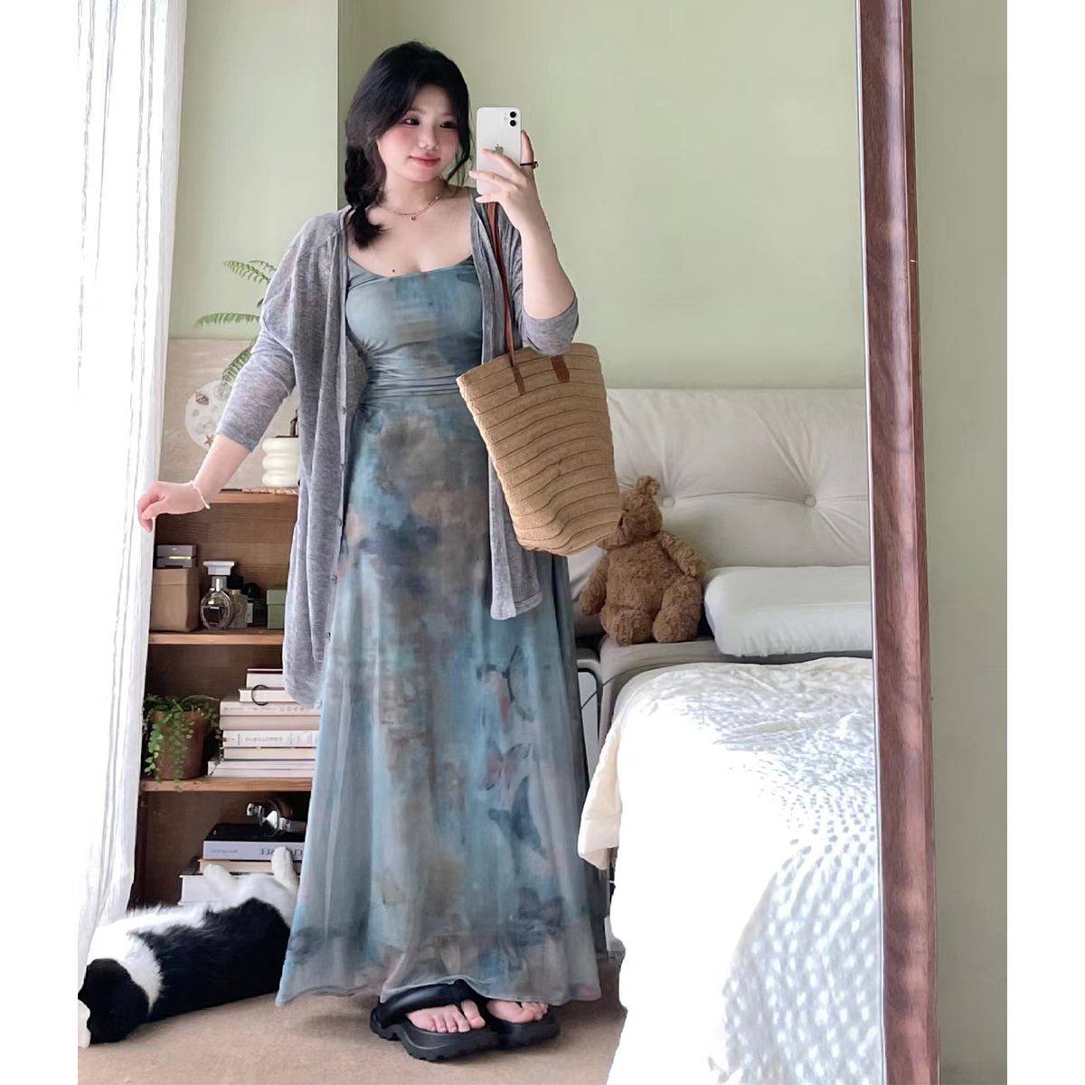 特大码200斤微胖妹妹蝴蝶油画连衣裙