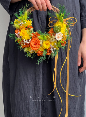 纯手工制作永生花半月花环真花橘黄色系明亮活泼家居装饰门墙挂件