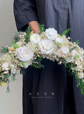 永生花半月花环白色玫瑰真花干花家居装饰门墙挂件婚礼装饰