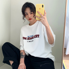 實拍純棉網紅短袖恤女印花字母中長款