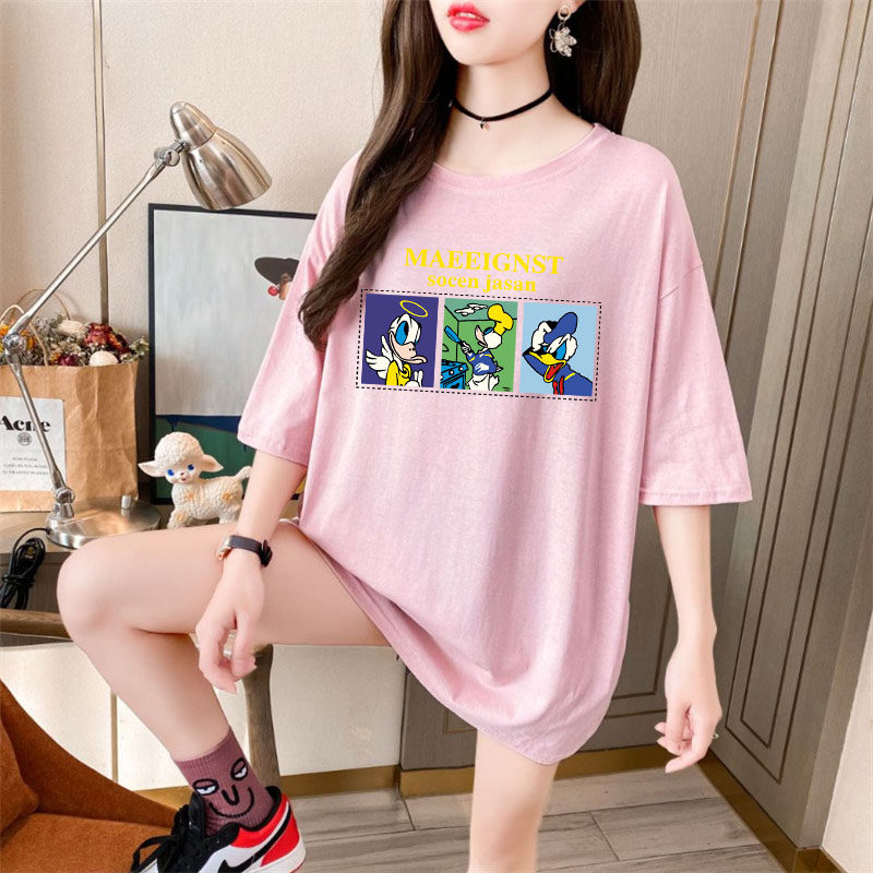 Real photo of pregnant women's pure large women's summer Korean loose fat sister medium long short sleeve T-shirt
