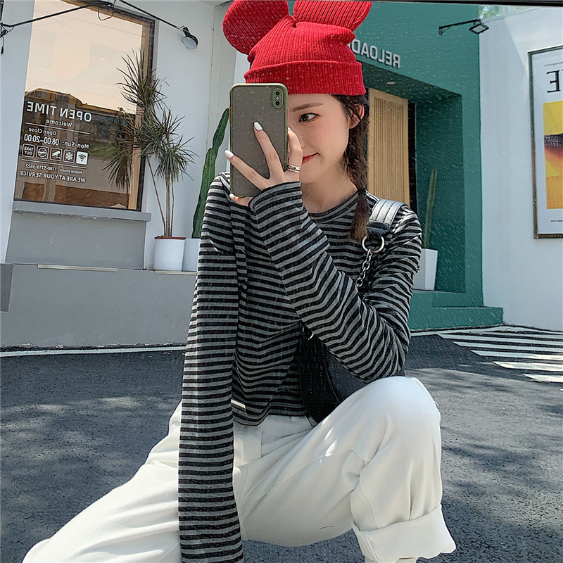 Real shot cotton stripe solid color short long sleeve T-shirt for women