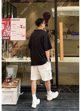 Batterup夏季新款五分裤日系复古宽松口袋休闲黑色运动短裤男潮牌