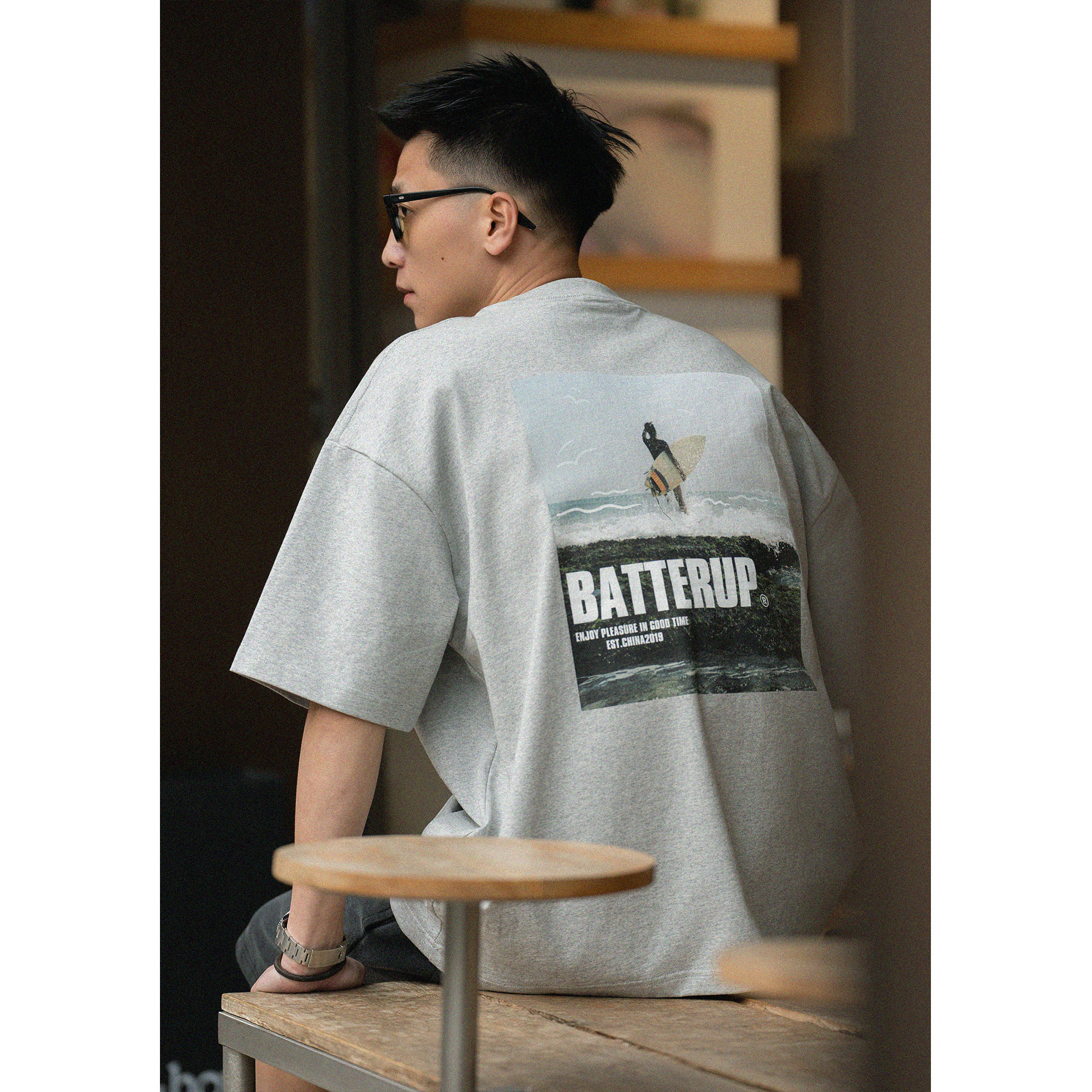 Batterup26新款潮牌纯棉透气冲浪印花字母宽松上衣短袖T恤男夏季