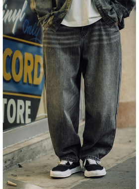 Batterup秋冬新款休闲裤日系宽松黑色水洗做旧猫须直筒牛仔裤男潮