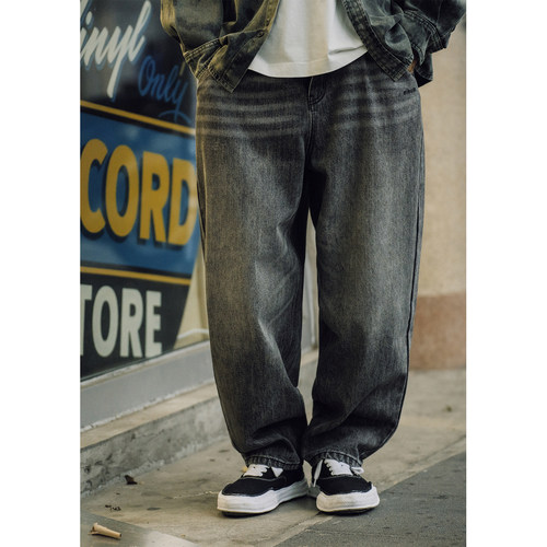 Batterup日系宽松黑色直筒牛仔裤