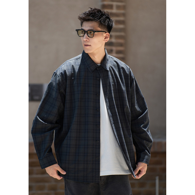 Batterup25秋季新款上衣外套日系复古休闲宽松格子长袖衬衫男内搭