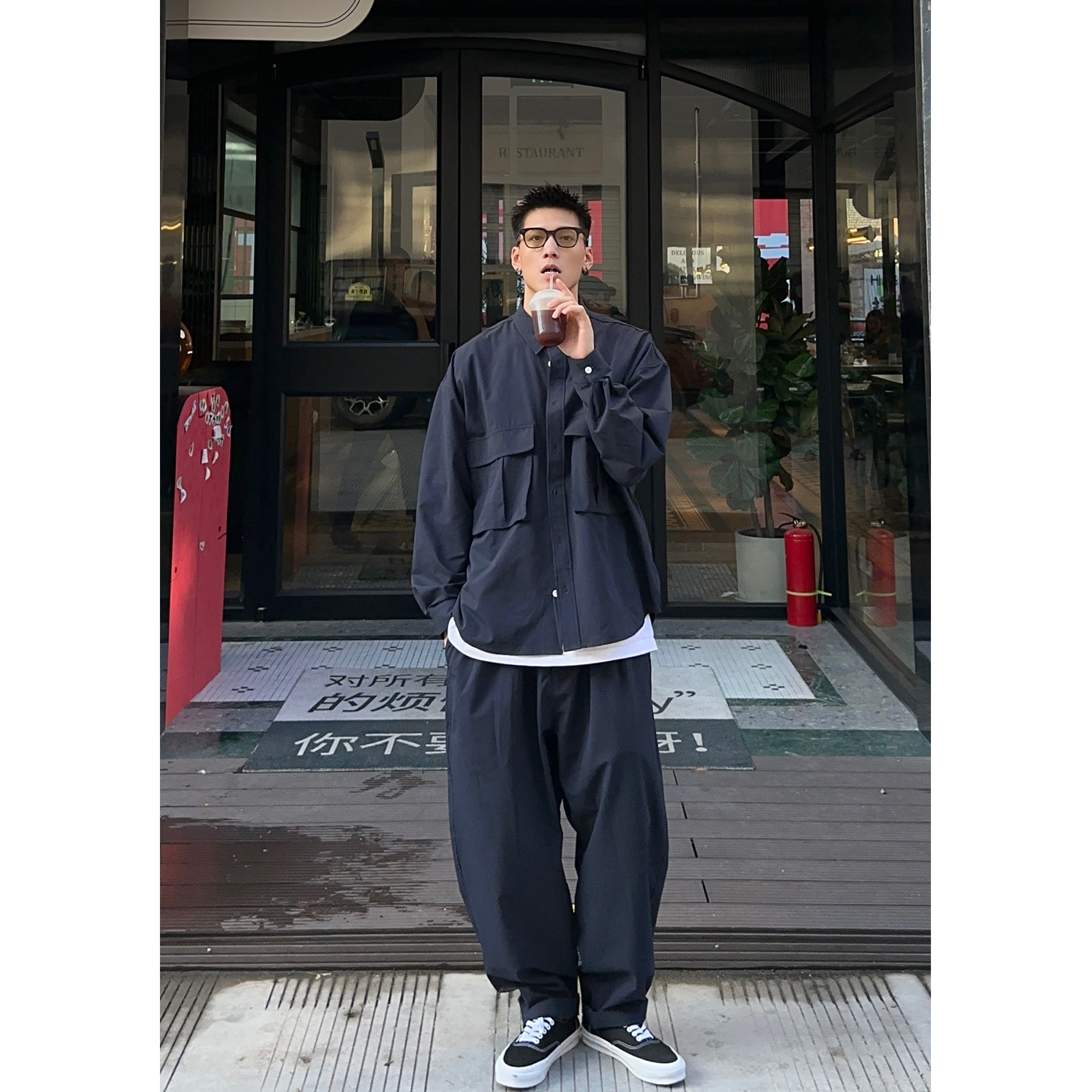 Batterup春秋新款上衣日系宽松纯色大口袋廓形长袖衬衫外套男潮牌