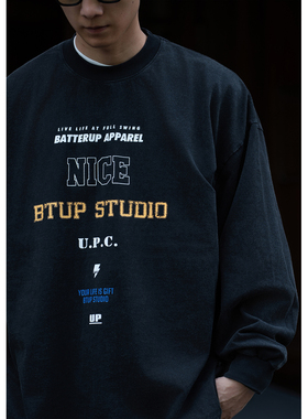 Batterup25春秋新款上衣美式字母印花圆领宽松休闲长袖T恤男潮牌