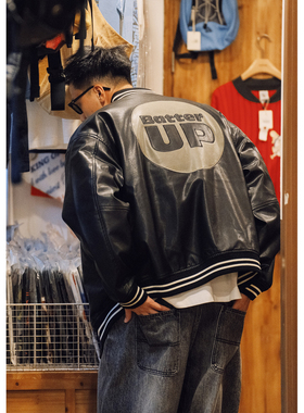 Batterup25日系潮牌棉服宽松休闲黑色百搭棒球服皮衣夹克外套男