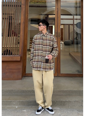 Batterup秋冬日系复古上衣外套宽松美拉德纯棉格子长袖衬衫男潮牌