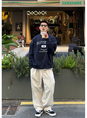 Batterup2025新款外套日系纯棉贴布绣花套头藏青色圆领卫衣男春秋