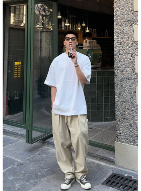 Batterup日系廓形简约百搭单褶锥形CHINO裤卡其宽松阔腿休闲长裤