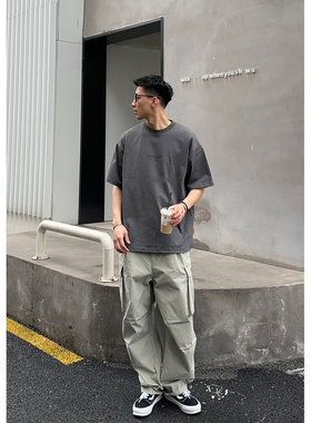 Batterup日系潮牌上衣宽松水洗蜡染做旧复古小领口短袖T恤男夏季