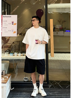 Batterup日系简约宽松纯色精梳棉基础款百搭白色短袖T恤男夏季潮