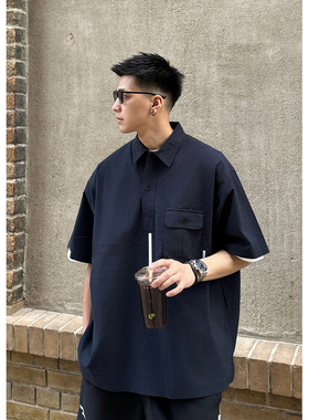 Batterup2025新款日系复古polo宽松藏青色格纹休闲短袖衬衫男夏季