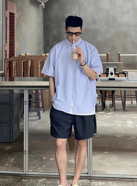 Batterup2025夏季日系cityboy休闲衬衣条纹廓形宽松短袖衬衫男潮