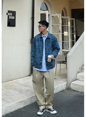 Batterup秋季新款上衣日系复古水洗破坏工装牛仔夹克外套男潮牌