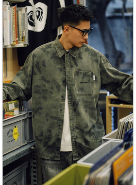 Batterup25潮牌日系复古宽松水洗做旧迷彩长袖牛仔衬衫外套男春秋