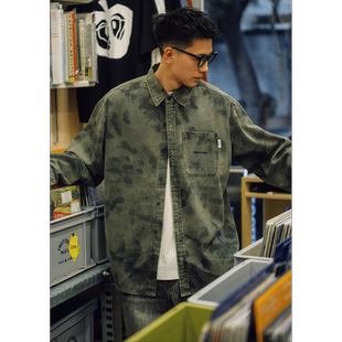 Batterup25潮牌日系复古宽松水洗做旧迷彩长袖牛仔衬衫外套男春秋