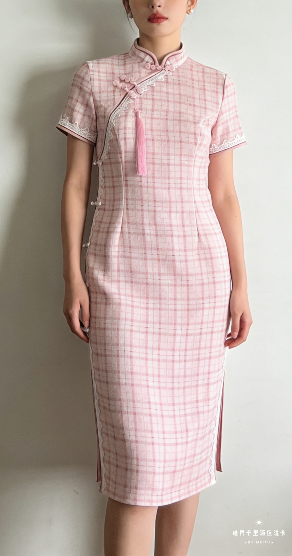 2026新款浅灰格纹旗袍日常可穿粉色改良连衣裙夏装大码显瘦显年轻