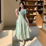 荡领挂脖式夏季飞飞袖通勤连衣裙小众方领法式收腰气质长裙显瘦，女装连衣裙，浙宝239