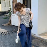 复古小飞袖条纹衬衫上衣藏青色半身裙套装女2025夏新款甜美两件套，女装套装/套裙，浙宝239