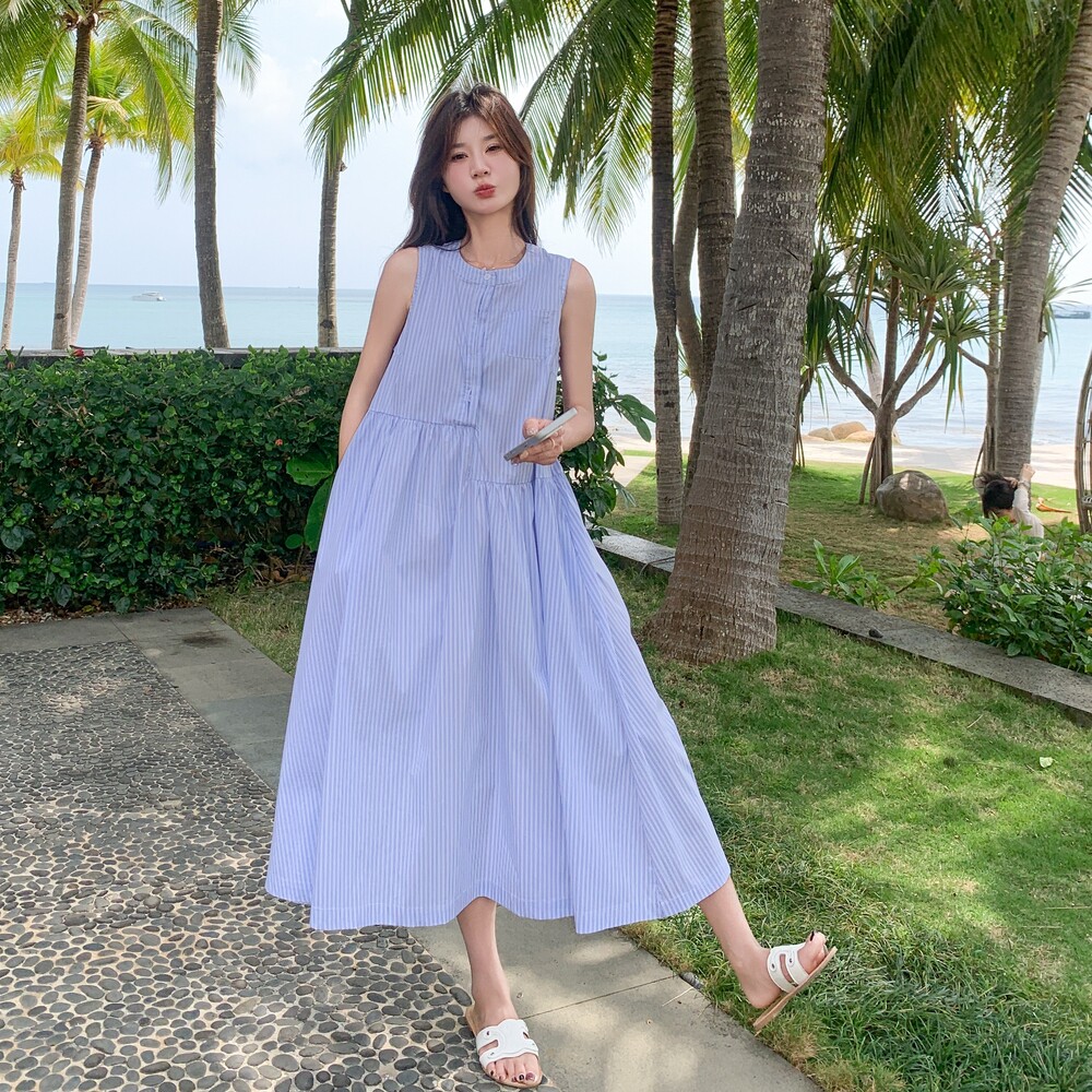 蓝色无袖背心连衣裙女2025夏季新款法式小清新甜美减龄度假风长裙,女装连衣裙,浙宝239