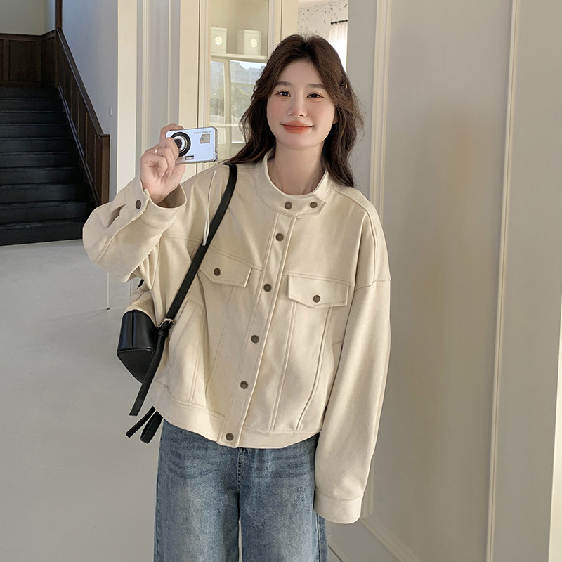 米白色麂皮绒短外套女2025年秋季新款韩版小个子洋气休闲立领夹克,女装短外套,浙宝239