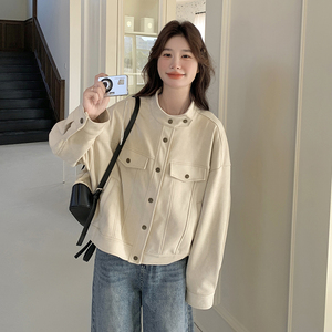 米白色麂皮绒短外套女2025年秋季新款韩版小个子洋气休闲立领夹克图片