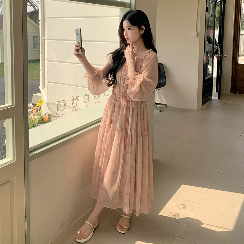法式设计感粉色碎花连衣裙女春季海边度假防晒超仙过膝掐腰长裙,女装连衣裙,浙宝239