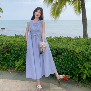 蓝色无袖背心连衣裙女2025夏季新款法式小清新甜美减龄度假风长裙图片